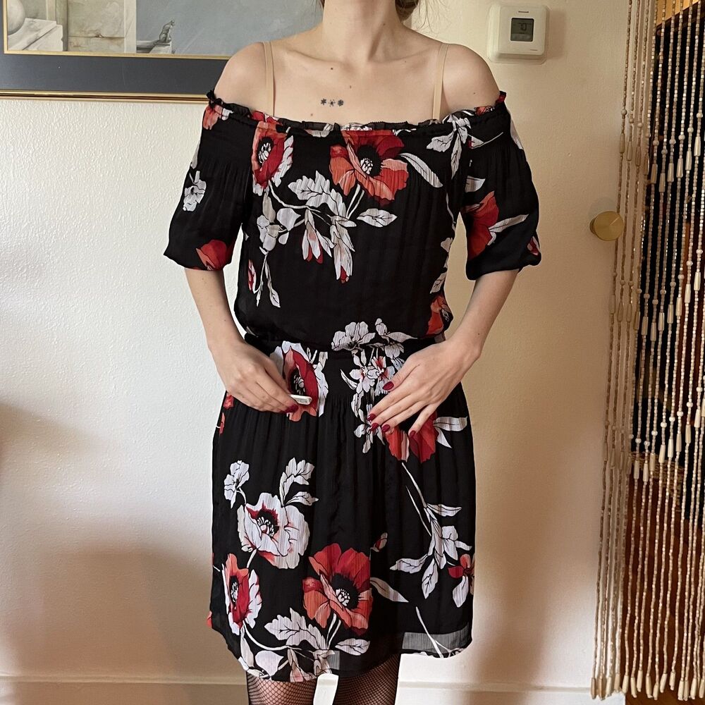 White House Black Market Drop Waist Black Floral Dress OTS Size Small